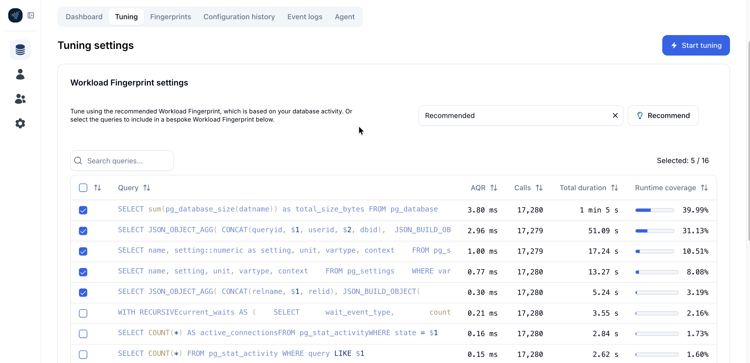 Workload Fingerprint settings